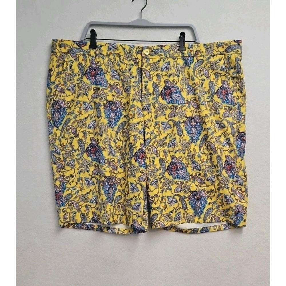 Hreski Golf Shorts Men Size 44 Paisley Yellow All Over Print Pockets Stretch EUC